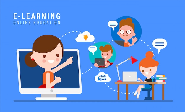 Ilustración de concepto de educación en línea de e-learning. profesor en línea en monitor de computadora. niños que estudian en casa a través de internet. dibujos animados en estilo de diseño plano. Vector Premium 