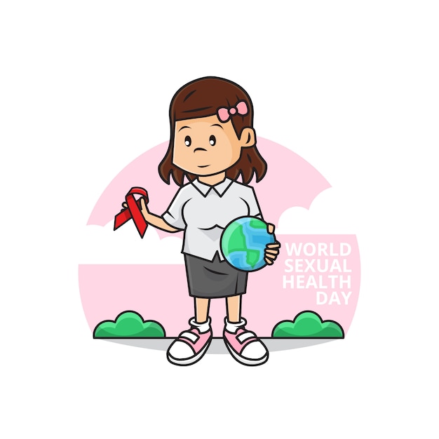 Ilustración De Cute Girl Holding Earth Globe And Ribbon Como Símbolo De