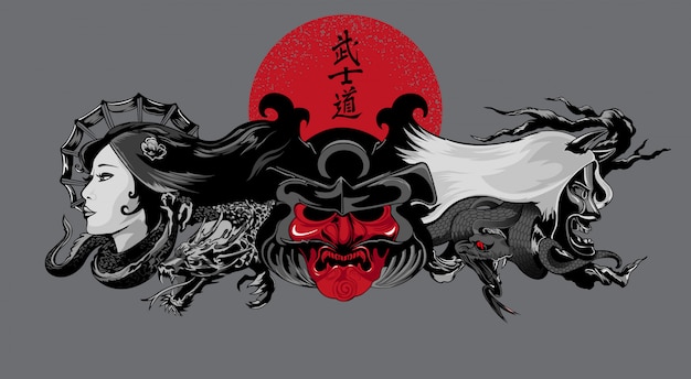 Ilustración de demonios en estilo japonés Vector Premium