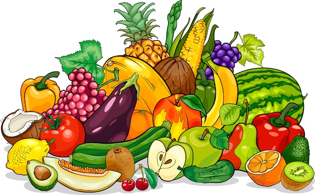 Ilustración de dibujos animados de grupo de frutas y verduras ...