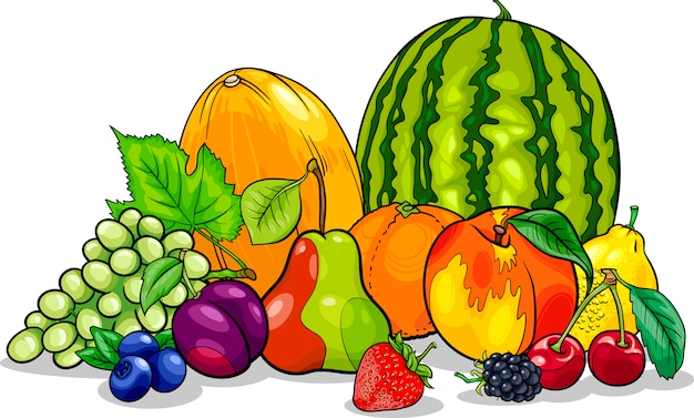 Ilustración de dibujos animados de grupo de frutas ...