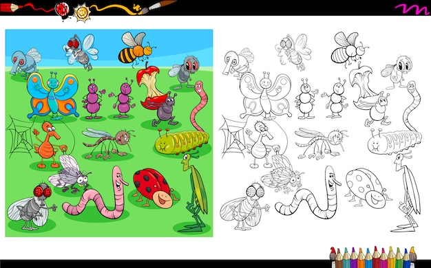 Insectos De Dibujos Animados Para Colorear Libro Vector Premium Porn