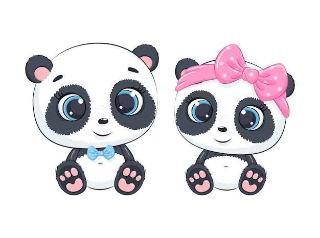 Ilustracion De Dibujos Animados Lindo Bebe Nino Y Nina Panda Vector Premium