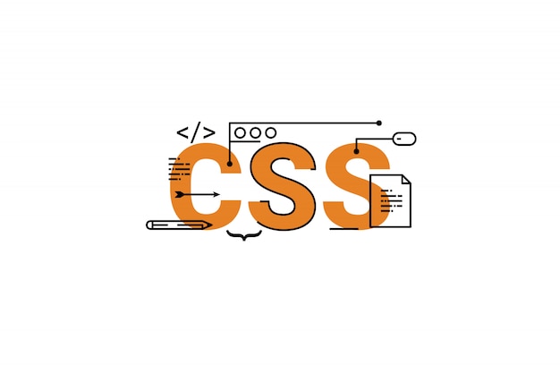 Ilustración de diseño de tipografía de letras de palabra css con iconos de línea y adornos en naranja Vector Premium