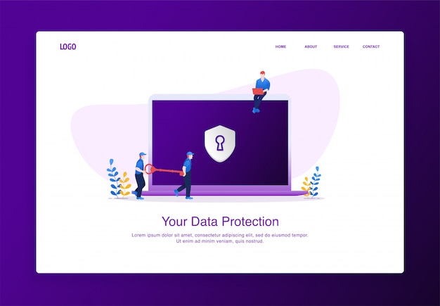 La ilustración de dos hombres lleva la llave para desbloquear la seguridad de datos en la computadora portátil. concepto de diseño plano moderno, plantilla de página de aterrizaje. Vector Premium