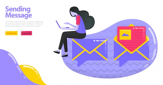 Ilustración de enviar mensaje. icono de chat de globo con mapa de imagen o sobre. abrir y leer correo electrónico. Vector Premium