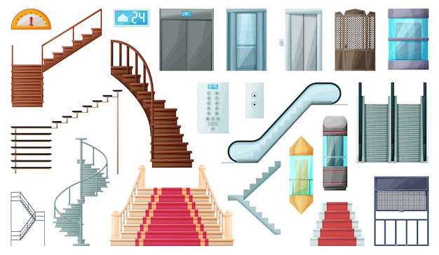 Ilustración De Escalera Y Escalera Mecánica Icono De Dibujos Animados