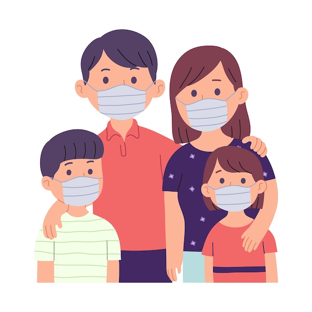 Ilustración de una familia, padre, madre y dos niños con mascarillas ...