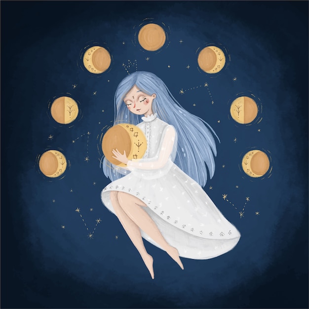 Ilustración De Fase De Luna De Dibujos Animados Lindo Una Mujer En El Cielo Sostiene La Luna 9235