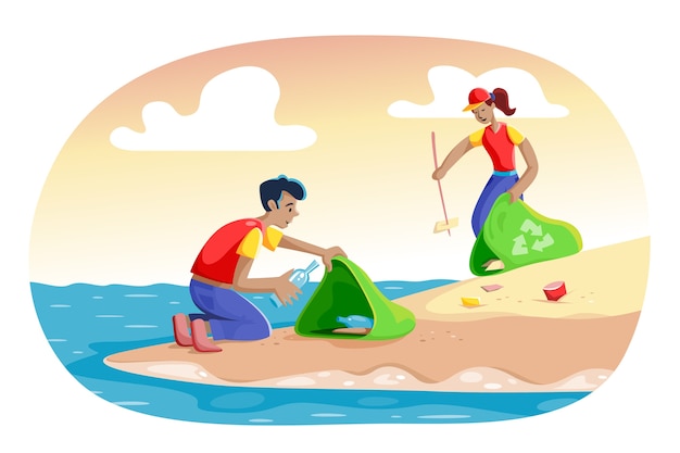 Ilustración Con Gente Limpiando El Tema De La Playa Vector Gratis