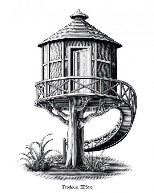 Ilustración de grabado antiguo de treehouse dibujo estilo vintage clip