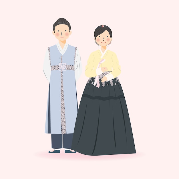 Ilustración Linda Pareja En Ropa De Boda Tradicional Hanbok Corea Del Sur Elegante Ilustración