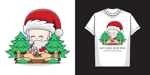 Ilustracion De Lindo Bebe Santa Claus Bebiendo Te De Burbujas Con Diseno De Camiseta Vector Premium