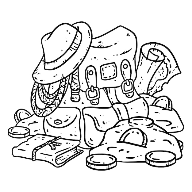 Ilustracion De Lineart De Paquete De Aventurero Para Colorear Vector Premium