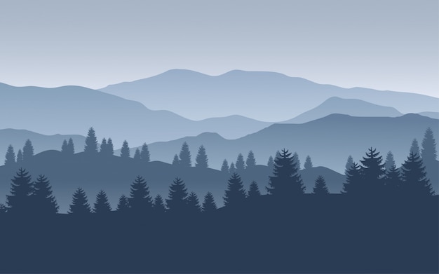 Ilustración de montaña con bosque de pinos Vector Premium