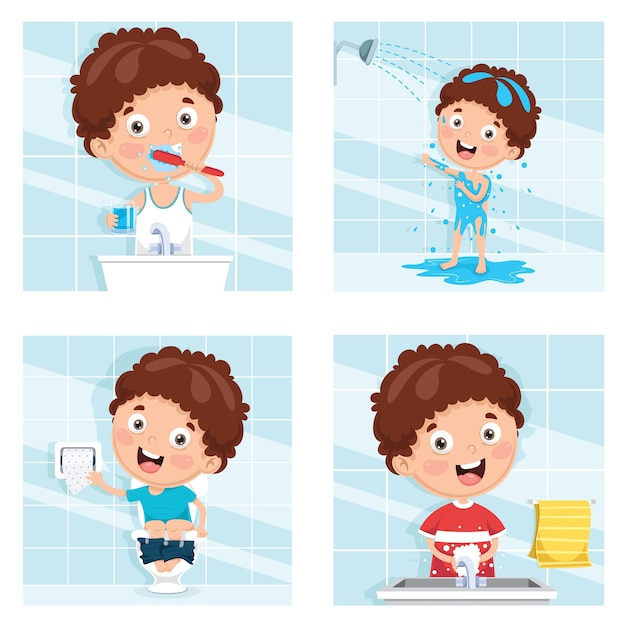 Ilustración de niño bañándose, cepillarse los dientes, lavarse las