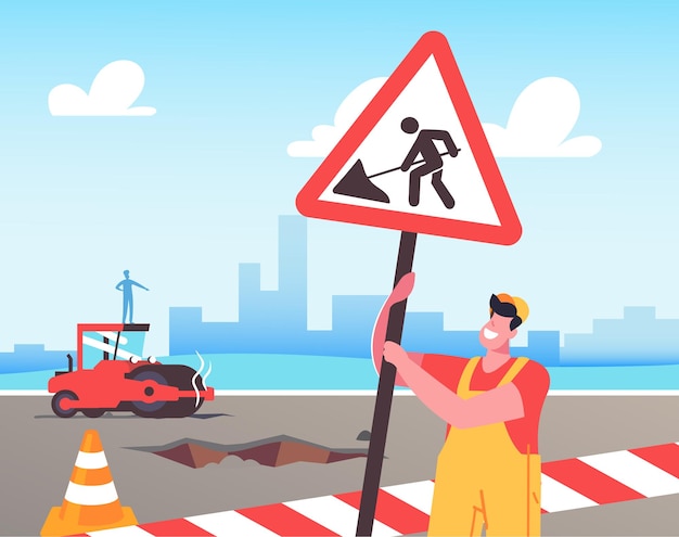 Ilustración De Obras Viales Y Pavimentación De Asfalto Vector Premium 0994