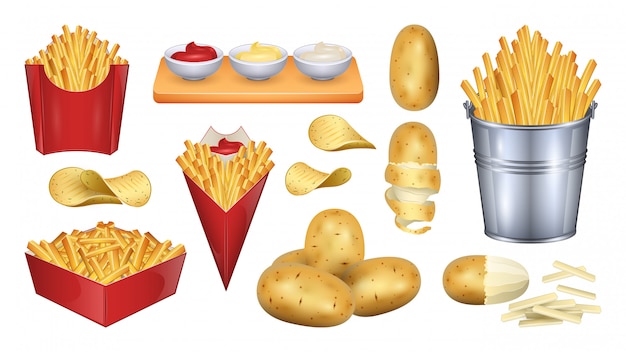 Ilustración De Papas Fritas Icono Realista Conjunto De Alimentos Vegetales Vector Premium 