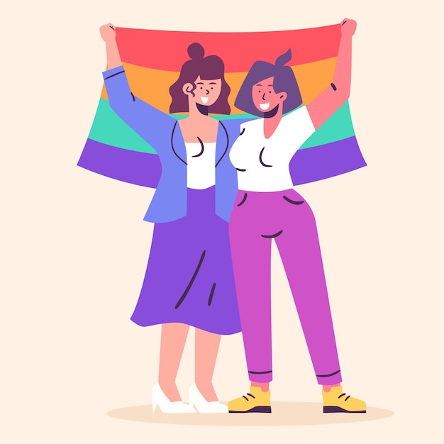 Ilustración De Pareja De Lesbianas Plana Orgánica Con Bandera Lgbt