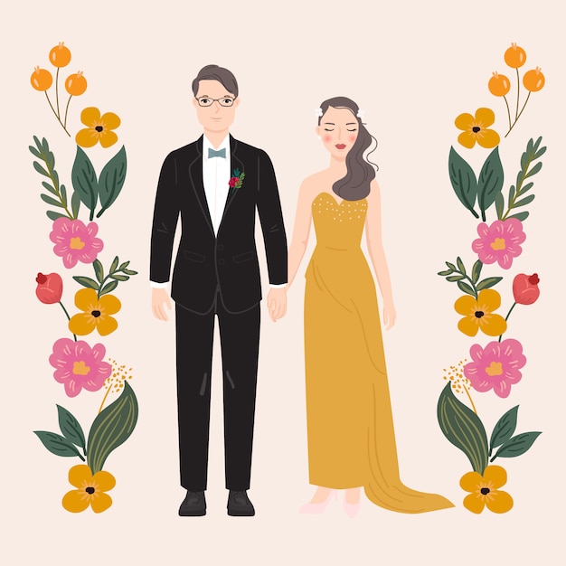 Ilustración De La Pareja De Novios Con Fondo De Flores Para Tarjeta De Invitación De Boda