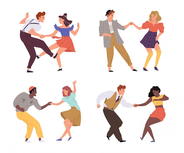 Ilustración Parejas Bailan Twist Set Vector Premium