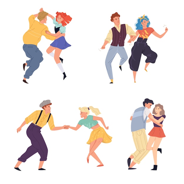 Ilustración Parejas Bailan Twist Set Vector Premium