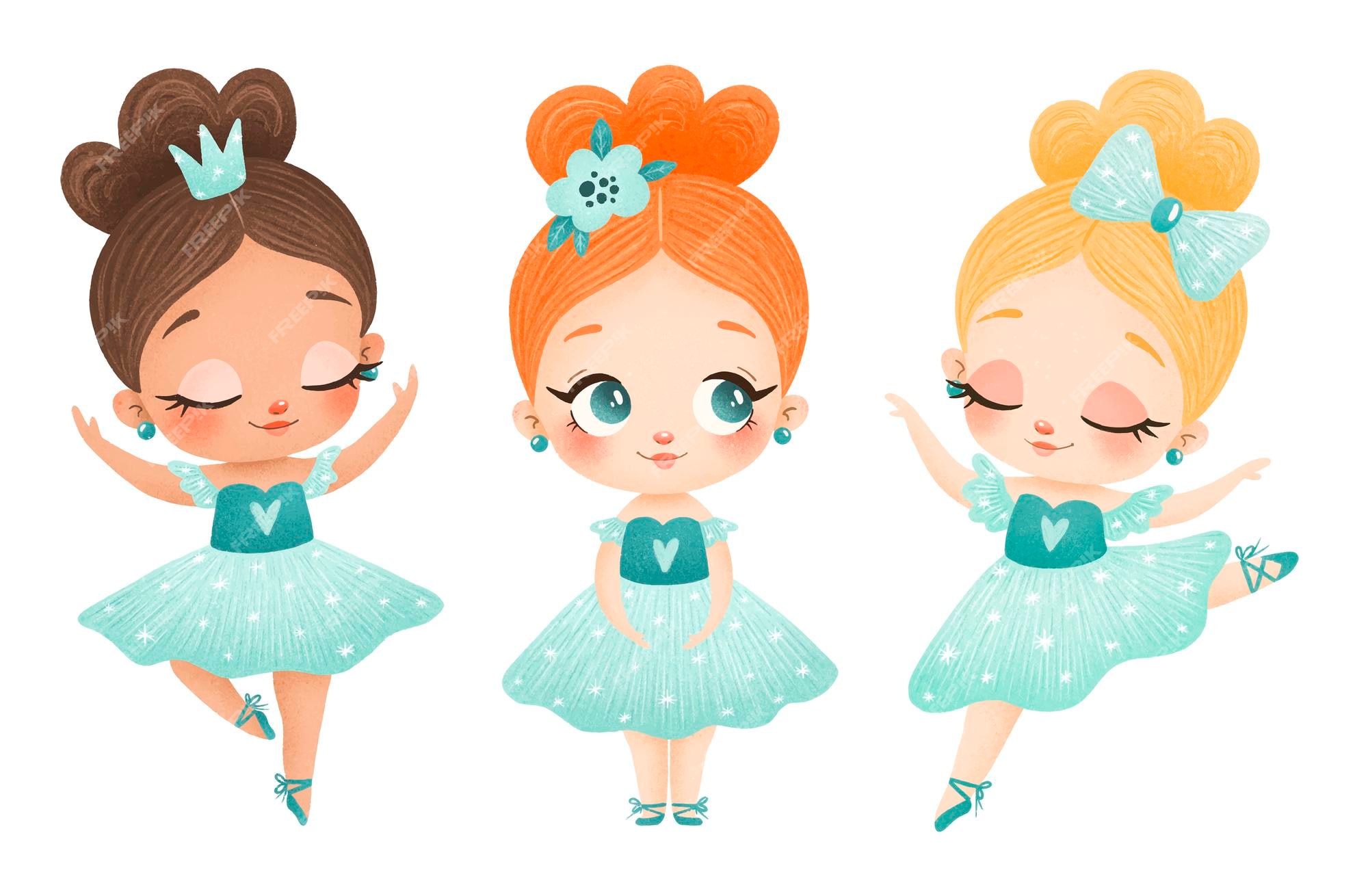 Ilustración De Pequeñas Bailarinas De Dibujos Animados Lindo En Vestido Verde Poses De Ballet 