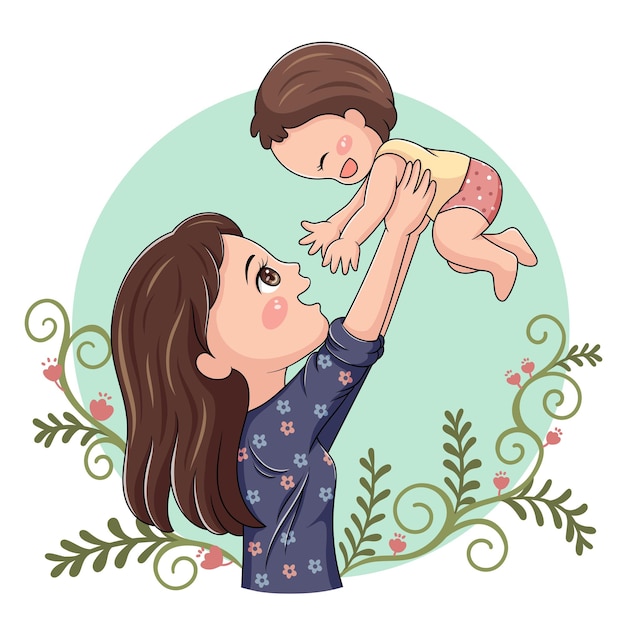 Ilustracion Del Personaje De Dibujos Animados Madre Y Bebe Vector Premium