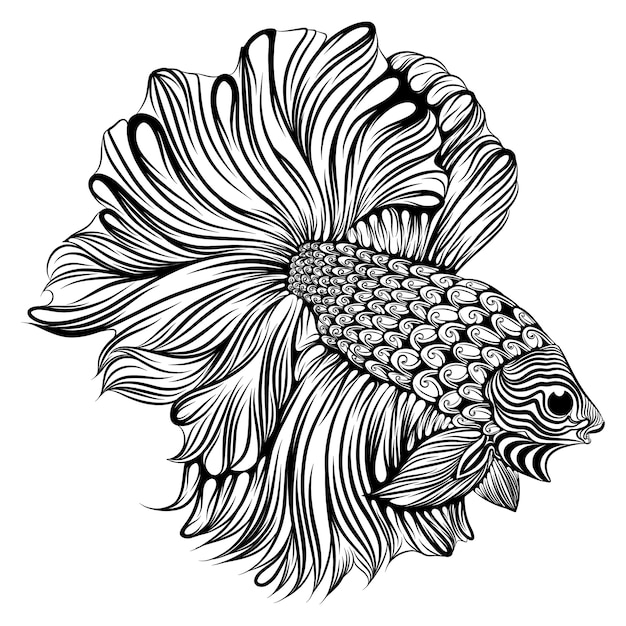 La ilustración del pez beta pequeño con la cola grande y larga el cuerpo  lleno de zentangle | Vector Premium