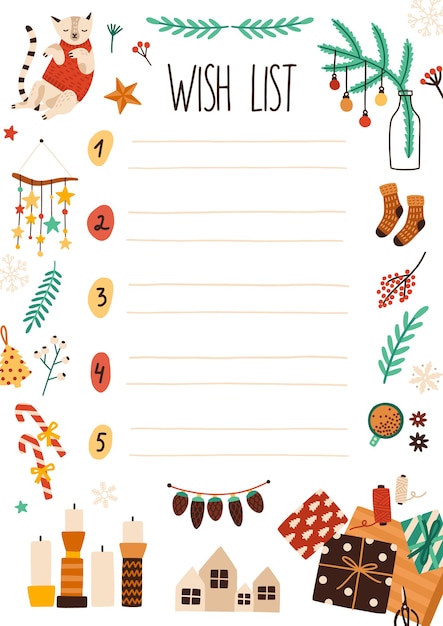Ilustracion Plana De La Lista De Deseos De Navidad Pagina De Hoja De Cuaderno Con Decoraciones