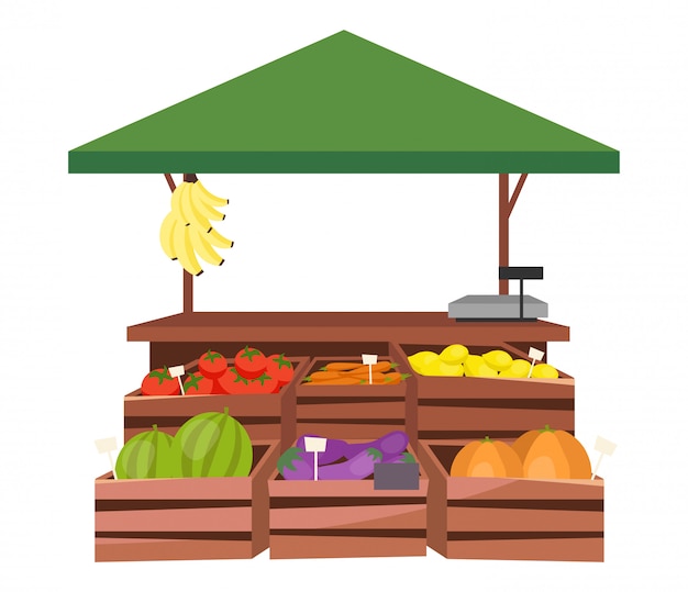 Ilustración plana de puesto de mercado de frutas y verduras Vector