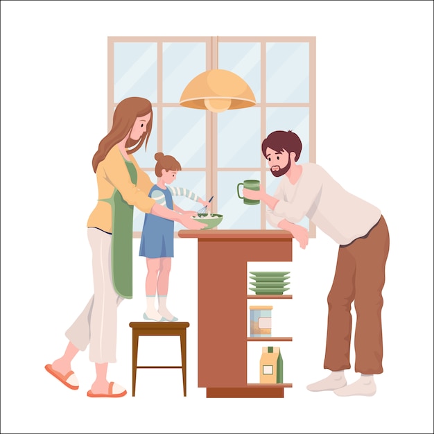 Ilustracion Plana De La Vida Cotidiana Familiar Feliz Madre Padre E Hija En Ropa Comoda Cocinando Panqueques O Pastel Para El Desayuno De Fin De Semana Juntos En La Cocina Vector