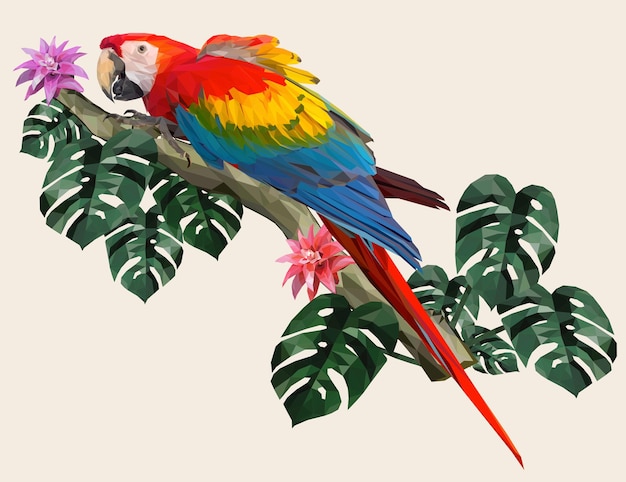 Ilustraci N Poligonal P Jaro Guacamayo Con Hojas De La Selva Amaz Nica Vector Premium