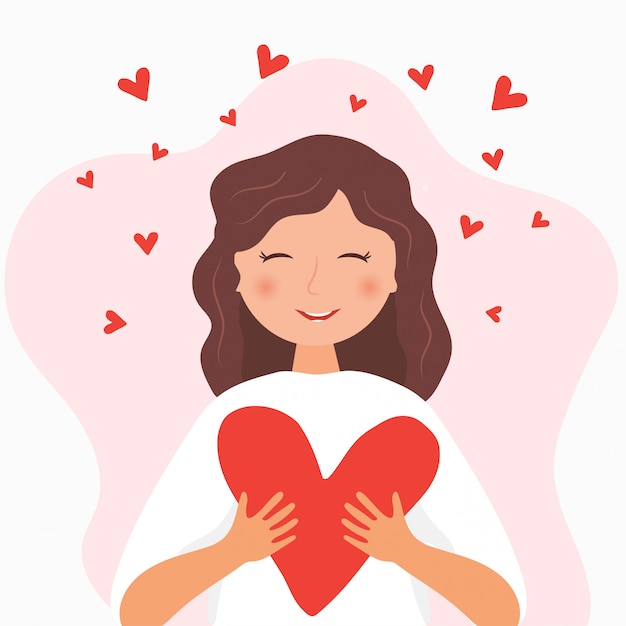 Ilustración romántica con lindo personaje. niña sonriente con corazón. feliz  día de san valentín | Vector Premium