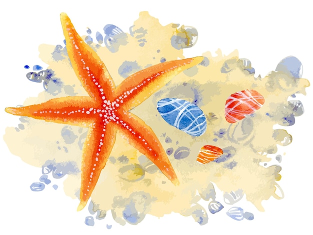 Ilustración de vector de acuarela conjunto de estrellas de mar y piedras sobre arena Vector