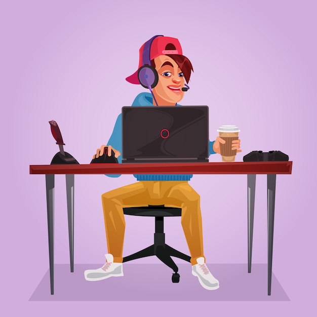 Ilustración vectorial de un adolescente sentado en la computadora portátil vector gratuito