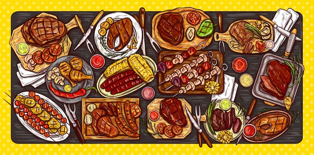 Ilustración vectorial, banner culinario, fondo de barbacoa con carne a