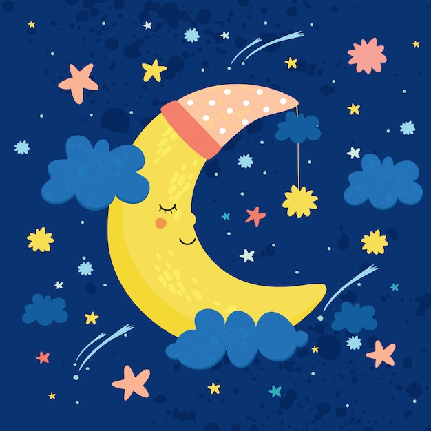 Ilustración vectorial la luna en el cielo está durmiendo. buenas noches