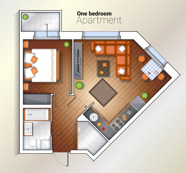 Ilustración de vista superior de vector moderno apartamento de un dormitorio Vector Premium