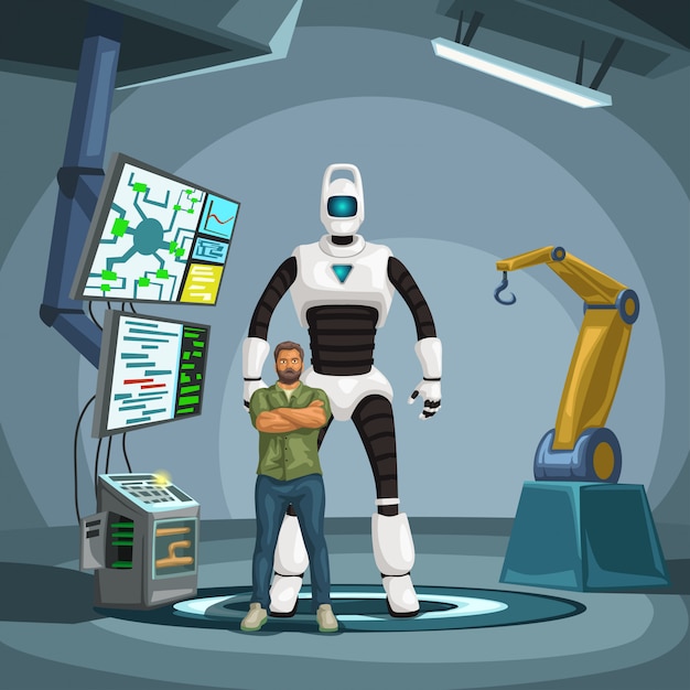 Ingeniero Robot Con Cyborg En Un Laboratorio Vector Premium 2690