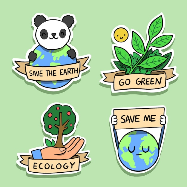 Insignias De Ecología Dibujadas A Mano Con Panda Y Tierra Vector Gratis