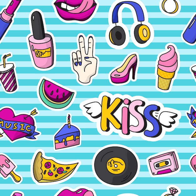 Insignias de parches de moda de colores sin patrón en estilo pin up con diferentes formas y herramientas vector gratuito
