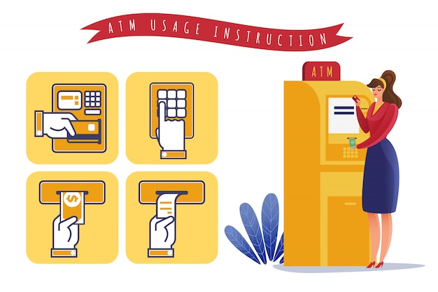 Instrucciones De Uso De Pagos En Cajeros Automáticos Ilustración Horizontal Sobre El Tema 2680