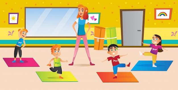 Instructor femenino enseñando niños posición yoga Vector Premium