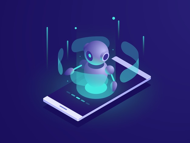 Inteligencia artificial, robot isométrico ai en la pantalla del teléfono móvil, aplicación de chatbot vector gratuito