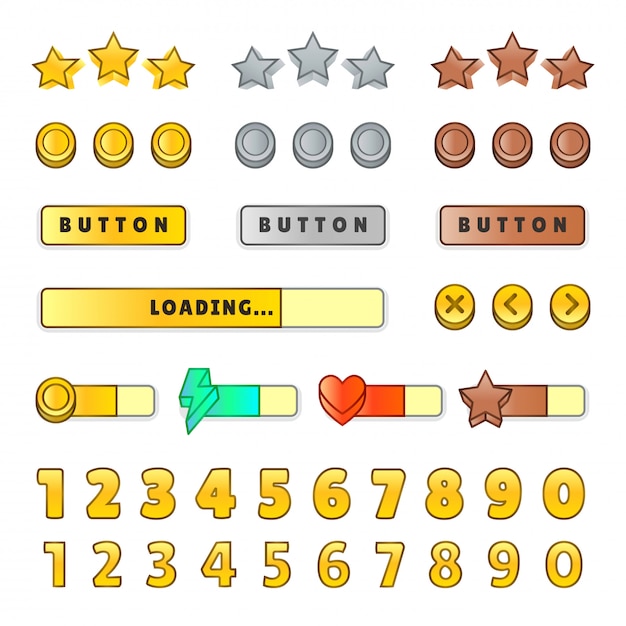 Interfaz gráfica de usuario del juego gui. diseño, botones e iconos. juego ui kit ilustración aislado Vector Premium