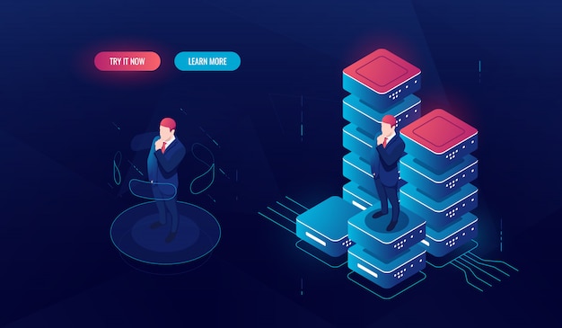 Interfaz de realidad virtual, procesamiento de big data, análisis e informe de datos, estadía de hombre en plataforma vector gratuito