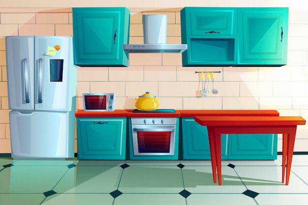 Interior De Cocina Con Muebles De Madera De Dibujos Animados Vector Gratis 2919