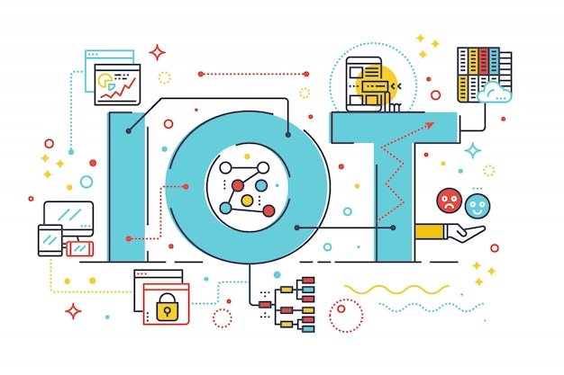 Internet de las cosas, ilustración del diseño de las letras de la palabra del concepto de la tecnología de la computadora de internet Vector Premium