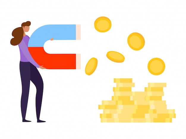 Inversión financiera, ilustración. el imán atrae dinero por concepto de  negocio, el carácter de mujer tiene poder para obtener ganancias con  monedas | Vector Premium